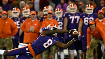 CLEMSON, SOUTH CAROLINA - NOVEMBER 17: Wide receiver Justyn Ross #8 of the Clemson Tigers extends for a reception against the Duke Blue Devils during their football game at Clemson Memorial Stadium on November 17, 2018 in Clemson, South Carolina. (Photo by Mike Comer/Getty Images)