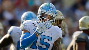 ATLANTA, GEORGIA - OCTOBER 05: Beau Corrales #15 of the North Carolina Tar Heels reacts after pulling in a touchdown reception against the Georgia Tech Yellow Jackets in the first half at Bobby Dodd Stadium on October 05, 2019 in Atlanta, Georgia. (Photo by Kevin C. Cox/Getty Images)