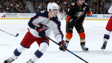 ANAHEIM, CA - MARCH 2: Zach Werenski #8 of the Columbus Blue Jackets skates during the game against the Anaheim Ducks on March 2, 2018 at Honda Center in Anaheim, California. (Photo by Debora Robinson/NHLI via Getty Images) *** Local Caption ***