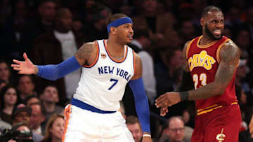 Dec 7, 2016; New York, NY, USA; New York Knicks small forward Carmelo Anthony (7) and Cleveland Cavaliers small forward LeBron James (23) react as James is called for a foul during the second quarter at Madison Square Garden. Mandatory Credit: Brad Penner-USA TODAY Sports