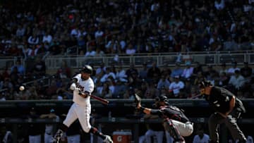 MINNEAPOLIS, MN - JUNE 03: Eddie Rosario #20 of the Minnesota Twins hits a walk-off two-run home run as Yan Gomes #7 of the Cleveland Indians catches during the ninth inning to end the game on June 3, 2018 at Target Field in Minneapolis, Minnesota. The Twins defeated the Indians 7-5. (Photo by Hannah Foslien/Getty Images)
