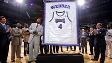 SACRAMENTO, CA - FEBRUARY 6: Former Sacramento King Chris Webber has his jersey retired at halftime against the Utah Jazz at Arco Arena on February 6, 2009 in Sacramento, California. The Jazz won 111-107. NOTE TO USER: User expressly acknowledges and agrees that, by downloading and/or using this Photograph, user is consenting to the terms and conditions of the Getty Images License Agreement. Mandatory Copyright Notice: Copyright 2009 NBAE (Photo by Rocky Widner/NBAE via Getty Images)