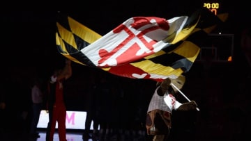 Nov 17, 2015; College Park, MD, USA; Maryland Terrapins mascot waves the state flag prior to the Terraphins