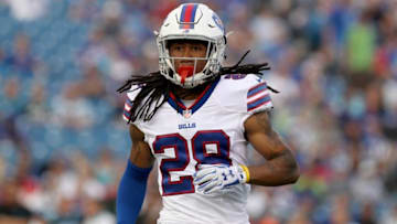 Aug 14, 2015; Orchard Park, NY, USA; Buffalo Bills cornerback Ronald Darby (28) during the first quarter against the Carolina Panthers in a preseason NFL football game at Ralph Wilson Stadium. Mandatory Credit: Timothy T. Ludwig-USA TODAY Sports