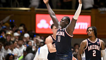 DURHAM, NORTH CAROLINA - NOVEMBER 10: Oumar Ballo #11 of the Arizona Wildcats reacts after a win Duke Blue Devils at Cameron Indoor Stadium on November 10, 2023 in Durham, North Carolina. Arizona won 78-73. (Photo by Grant Halverson/Getty Images)