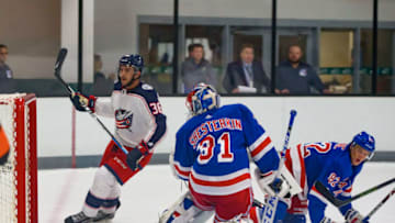TRAVERSE CITY, MI - SEPTEMBER 06: Maxime Fortier #36 of the Columbus Blue Jackets scores a goal against Igor Shesterkin #31 of the New York Rangers during Day 1 of the NHL Prospects Tournament at Centre Ice Arena on September 6, 2019 in Traverse City, Michigan. (Photo by Dave Reginek/NHLI via Getty Images)