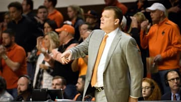 Dec 30, 2016; Stillwater, OK, USA; Oklahoma State Cowboys head coach Brad Underwood reacts during the first half against the West Virginia Mountaineers at Gallagher-Iba Arena. Mandatory Credit: Rob Ferguson-USA TODAY Sports