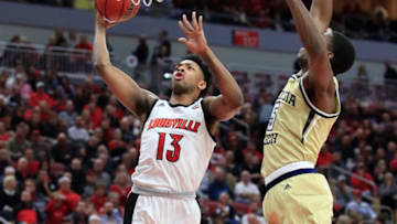LOUISVILLE, KENTUCKY - JANUARY 22: David Johnson #13 of the Louisville Cardinals shoots the ball against the Georgia Tech Yellow Jackets at KFC YUM! Center on January 22, 2020 in Louisville, Kentucky. (Photo by Andy Lyons/Getty Images)