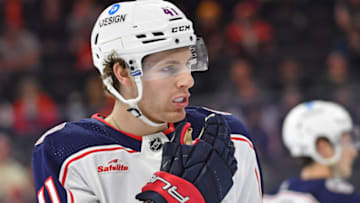 Apr 11, 2023; Philadelphia, Pennsylvania, USA; Columbus Blue Jackets center Hunter McKown (41) against the Philadelphia Flyers at Wells Fargo Center. Mandatory Credit: Eric Hartline-USA TODAY Sports