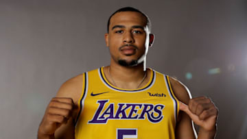 MADISON, NEW JERSEY - AUGUST 11: Talen Horton-Tucker of the Los Angeles Lakers poses for a portrait during the 2019 NBA Rookie Photo Shoot on August 11, 2019 at the Ferguson Recreation Center in Madison, New Jersey. (Photo by Elsa/Getty Images)
