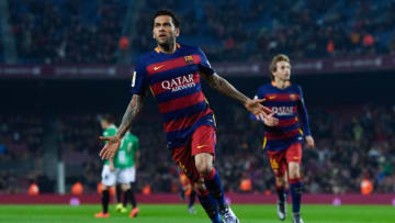 BARCELONA, SPAIN - DECEMBER 02: Dani Alves of FC Barcelona celebrates after scoring the opening goal during the Copa del Rey Round of 32 second leg match betwen FC Barcelona and Villanovense on December 2, 2015 in Barcelona, Spain. (Photo by David Ramos/Getty Images)