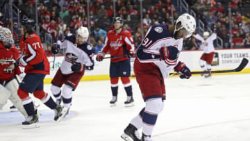 WASHINGTON, DC - NOVEMBER 09: Anthony Duclair #91 of the Columbus Blue Jackets celebrates after scoring a goal against the Washington Capitals during the third period at Capital One Arena on November 9, 2018 in Washington, DC. (Photo by Patrick Smith/Getty Images)