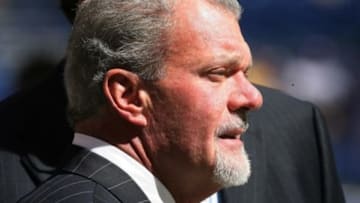 Sep 16, 2012; Indianapolis, IN, USA; Indianapolis Colts owner Jim Irsay standing on the sidelines before the game against the Minnesota Vikings at Lucas Oil Stadium. Indianapolis defeats Minnesota 23-20. Mandatory Credit: Brian Spurlock-USA TODAY Sports