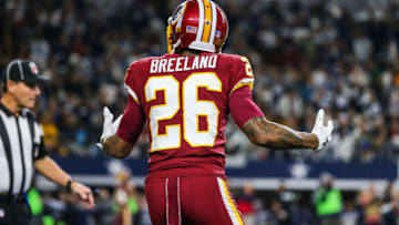 ARLINGTON, TX - NOVEMBER 30: Washington Redskins cornerback Bashaud Breeland (26) pleads his case for being flagged with pass interference during the game between the Dallas Cowboys and the Washington Redskins on November 30, 2017 at the AT&T Stadium in Arlington, Texas. Dallas defeats Washington 38-14. (Photo by Matthew Pearce/Icon Sportswire via Getty Images)