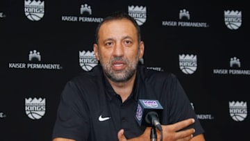 SACRAMENTO, CA - JUNE 24: General Manager Vlade Divac of the Sacramento Kings addresses the media at a press conference on September 27, 2017 at the Golden 1 Center in Sacramento, California. NOTE TO USER: User expressly acknowledges and agrees that, by downloading and/or using this Photograph, user is consenting to the terms and conditions of the Getty Images License Agreement. Mandatory Copyright Notice: Copyright 2017 NBAE (Photo by Rocky Widner/NBAE via Getty Images)