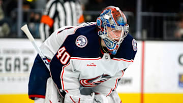 Mar 19, 2023; Las Vegas, Nevada, USA; Columbus Blue Jackets goaltender Daniil Tarasov (40) plays during the second period against the Vegas Golden Knights at T-Mobile Arena. Mandatory Credit: Lucas Peltier-USA TODAY Sports