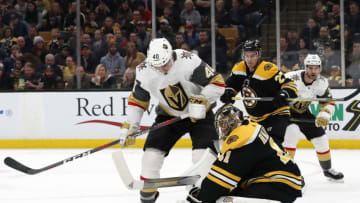 BOSTON, MA - NOVEMBER 11: Vegas Golden Knights right wing Ryan Carpenter (40) looks for a rebound off Boston Bruins goalie Jaroslav Halak (41) during a game between the Boston Bruins and the Vegas Golden Knights on November 11, 2018, at TD Garden in Boston, Massachusetts. (Photo by Fred Kfoury III/Icon Sportswire via Getty Images)