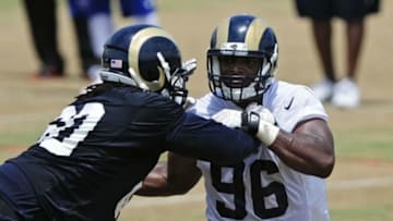 Jun 17, 2014; St. Louis, MO, USA; St. Louis Rams defensive end Michael Sam (96) runs through drills during minicamp at Rams Park. Mandatory Credit: Jeff Curry-USA TODAY Sports