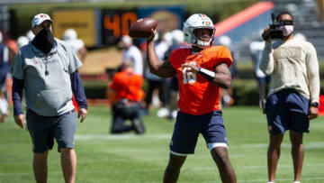 Auburn football quarterback Dematrius Davis (18) throws during an open football practice at Jordan-Hare Stadium in Auburn, Ala., on Saturday, March 20, 2021.