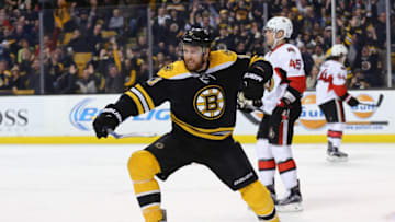 BOSTON, MA - DECEMBER 29: Jimmy Hayes #11 of the Boston Bruins celebrates after scoring a goal against the Ottawa Senators during the first period at TD Garden on December 29, 2015 in Boston, Massachusetts. (Photo by Maddie Meyer/Getty Images)