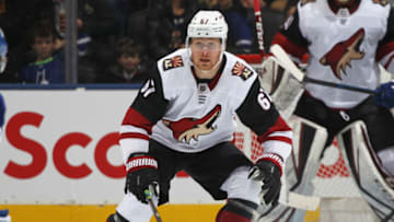 TORONTO, ON - FEBRUARY 11: Lawson Crouse #67 of the Arizona Coyotes skates against the Toronto Maple Leafs during an NHL game at Scotiabank Arena on February 11, 2020 in Toronto, Ontario, Canada. The Maple Leafs defeated the Coyotes 3-2 in overtime. (Photo by Claus Andersen/Getty Images)