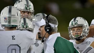 Sep 10, 2016; Columbia, MO, USA; Eastern Michigan Eagles head coach Chris Creighton talks with players during a time out in the second half against the Missouri Tigers at Faurot Field. Missouri won 61-21. Mandatory Credit: Denny Medley-USA TODAY Sports