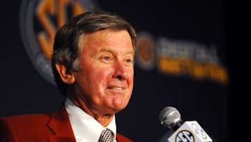 Steve Spurrier at the 2012 SEC Media Days. Mandatory Credit: Kelly Lambert-USA TODAY Sports