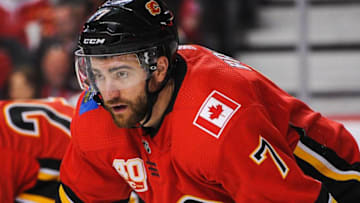 CALGARY, AB - MARCH 8: T.J. Brodie #7 of the Calgary Flames in action against the Vegas Golden Knights during an NHL game at Scotiabank Saddledome on March 8, 2020 in Calgary, Alberta, Canada. (Photo by Derek Leung/Getty Images)