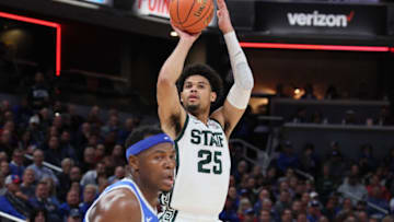 INDIANAPOLIS, INDIANA - NOVEMBER 15: Malik Hall #25 of the Michigan State Spartans takes a shot in the game against the Kentucky Wildcats during the first half during the Champions Classic at Gainbridge Fieldhouse on November 15, 2022 in Indianapolis, Indiana. (Photo by Andy Lyons/Getty Images)