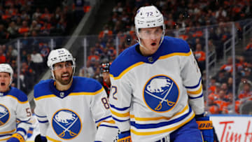 Oct 18, 2022; Edmonton, Alberta, CAN; Buffalo Sabres forward Take Thompson (72) celebrates after scoring a goal during the second period against the Edmonton Oilers at Rogers Place. Mandatory Credit: Perry Nelson-USA TODAY Sports