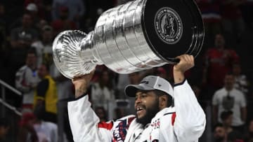 LAS VEGAS, VA - JUNE 7:Washington Capitals right wing Devante Smith-Pelly (25) skates with the Stanley Cup after winning Game 5 of the Stanley Cup Final between the Washington Capitals and the Vegas Golden Knights at T-Mobile Arena on Thursday, June 7, 2018. (Photo by Toni L. Sandys/The Washington Post via Getty Images)