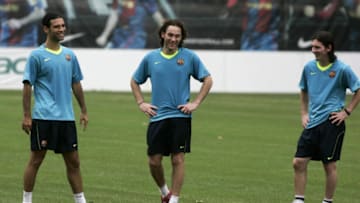 Barcelona's Mexican Rafael Marquez (L), Argentinian Diego Milito (C) and Leo Messi. (Photo credit CESAR RANGEL/AFP via Getty Images)