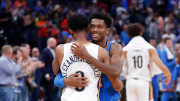 Pelicans guard Nickeil Alexander-Walker (0) and OKC Thunder guard Shai Gilgeous-Alexander (2) meet after their game: Alonzo Adams-USA TODAY Sports