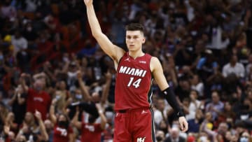 MIAMI, FLORIDA - OCTOBER 21: Tyler Herro #14 of the Miami Heat celebrates a three pointer against the Milwaukee Bucks during the first half at FTX Arena on October 21, 2021 in Miami, Florida. NOTE TO USER: User expressly acknowledges and agrees that, by downloading and or using this photograph, User is consenting to the terms and conditions of the Getty Images License Agreement. (Photo by Michael Reaves/Getty Images)