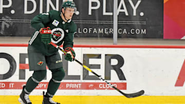 SAINT PAUL, MN - JUNE 28: Minnesota Wild Development Camp attendee Nico Sturm (7) makes a pass during the Minnesota Wild Development Camp 3-on-3 Tournament on June 28, 2019 at TRIA Rink at Treasure Island Center in St. Paul, MN (Photo by Nick Wosika/Icon Sportswire via Getty Images)