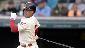 May 3, 2016; Cleveland, OH, USA; Cleveland Indians left fielder Michael Brantley (23) hits an RBI single during the third inning against the Detroit Tigers at Progressive Field. Mandatory Credit: Ken Blaze-USA TODAY Sports
