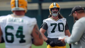 July 29, 2021; Green Bay, WI, USA; Green Bay Packers offensive guard Royce Newman (70) is shown during the second day of training camp Thursday, July 29, 2021 in Green Bay, Wis. Mandatory Credit: Mark Hoffman-USA TODAY NETWORK