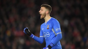 SOUTHAMPTON, ENGLAND - JANUARY 16: Angus Gunn of Southampton shouts instructions during the FA Cup Third Round Replay match between Southampton FC and Derby County at St Mary's Stadium on January 16, 2019 in Southampton, United Kingdom. (Photo by Mike Hewitt/Getty Images)