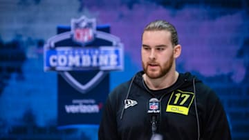 INDIANAPOLIS, IN - FEBRUARY 26: Jake Hanson #OL17 of the Oregon Ducks speaks to the media at the Indiana Convention Center on February 26, 2020 in Indianapolis, Indiana. (Photo by Michael Hickey/Getty Images) *** Local caption *** Jake Hanson
