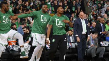 BOSTON, MA - MAY 27: Guerschon Yabusele #30 and Marcus Smart #36 of the Boston Celtics react against the Cleveland Cavaliers during Game Seven of the Eastern Conference Finals of the 2018 NBA Playoffs on May 27, 2018 at the TD Garden in Boston, Massachusetts. NOTE TO USER: User expressly acknowledges and agrees that, by downloading and or using this photograph, User is consenting to the terms and conditions of the Getty Images License Agreement. Mandatory Copyright Notice: Copyright 2018 NBAE (Photo by Brian Babineau/NBAE via Getty Images)