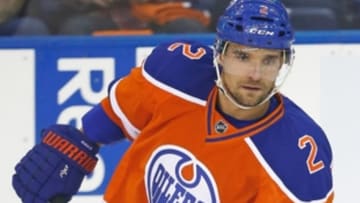 Oct 15, 2015; Edmonton, Alberta, CAN; Edmonton Oilers defensemen Andrej Sekera (2) skates against the St. Louis Blues at Rexall Place. Mandatory Credit: Perry Nelson-USA TODAY Sports
