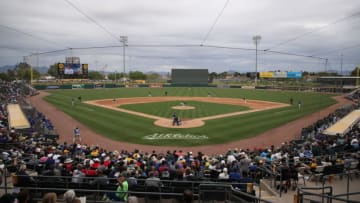 MESA, ARIZONA - MARCH 10: General view of action as starting pitcher Mike Fiers #50 of the Oakland Athletics pitches against the Kansas City Royals during the third inning of the MLB spring training game at HoHoKam Stadium on March 10, 2020 in Mesa, Arizona. (Photo by Christian Petersen/Getty Images)