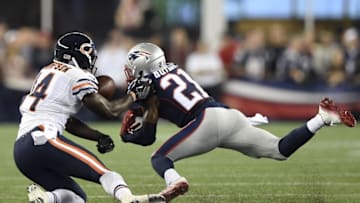 Aug 18, 2016; Foxborough, MA, USA; New England Patriots cornerback Malcolm Butler (21) breaks up a pass intended for Chicago Bears wide receiver Deonte Thompson (14) during the first half at Gillette Stadium. Mandatory Credit: Bob DeChiara-USA TODAY Sports