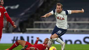 LONDON, ENGLAND - JANUARY 28: Harry Kane of Tottenham Hotspur is injured in this tackle with Thiago Alcantara of Liverpool during the Premier League match between Tottenham Hotspur and Liverpool at Tottenham Hotspur Stadium on January 28, 2021 in London, United Kingdom. Sporting stadiums around the UK remain under strict restrictions due to the Coronavirus Pandemic as Government social distancing laws prohibit fans inside venues resulting in games being played behind closed doors. (Photo by Marc Atkins/Getty Images)