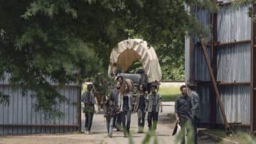 Ross Marquand as Aaron, Josh McDermitt as Dr. Eugene Porter, Christian Serratos as Rosita Espinosa, Dan Folger as Luke, Nadia Hilker as Magna, Lauren Ridloff as Connie, Angel Theory as Kelly, Cailey Fleming as Judith - The Walking Dead _ Season 9, Episode 6 - Photo Credit: Gene Page/AMC