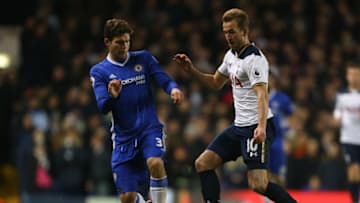 LONDON, ENGLAND - JANUARY 04: Marcos Alonso of Chelsea and Harry Kane of Tottenham Hotspur during the Premier League match between Tottenham Hotspur and Chelsea at White Hart Lane on January 4, 2017 in London, England. (Photo by Catherine Ivill - AMA/Getty Images)