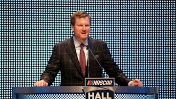 CHARLOTTE, NC - JANUARY 19: Dale Earnhardt Jr. speaks during the NASCAR Hall of Fame Induction Ceremony at Charlotte Convention Center on January 19, 2018 in Charlotte, North Carolina. (Photo by Streeter Lecka/Getty Images)