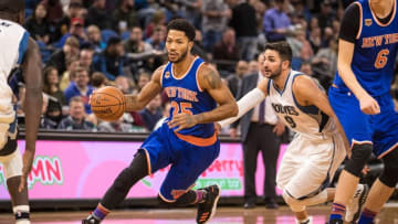 Nov 30, 2016; Minneapolis, MN, USA; New York Knicks guard Derrick Rose (25) dribbles past Minnesota Timberwolves guard Ricky Rubio (9) during the first quarter at Target Center. Mandatory Credit: Brace Hemmelgarn-USA TODAY Sports