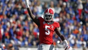 Nov 1, 2014; Jacksonville, FL, USA; Georgia Bulldogs cornerback Damian Swann (5) reacts against the Florida Gators during the first half at EverBank Field. Mandatory Credit: Kim Klement-USA TODAY Sports