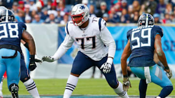 NASHVILLE, TN - NOVEMBER 11: Trent Brown #77 of the New England Patriots blocks against the Tennessee Titans at Nissan Stadium on November 11, 2018 in Nashville, Tennessee. (Photo by Frederick Breedon/Getty Images)